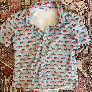 Blue Quail Kids' Aqua Button-Down Shirt with Red Fish Print